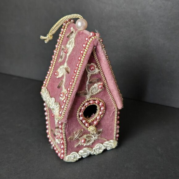Velvet Beaded Birdhouse Ornament Pink Embroidered Christmas Decoration Elegant - Picture 1 of 9